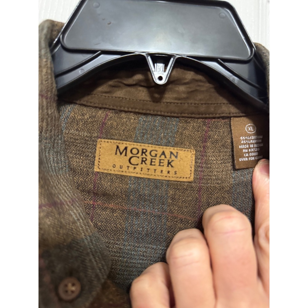Morgan Creek Outfitters Mens XL Brown Plaid Herringbone Cotton Rayon Shirt L/S - Picture 3 of 12